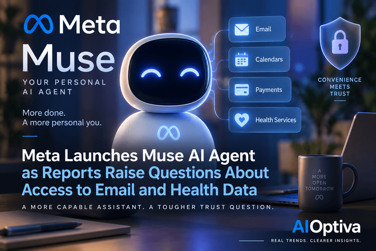Illustration for AI article: Meta Launches Muse AI Agent as Reports Raise Questions About Access to Email and Health Data